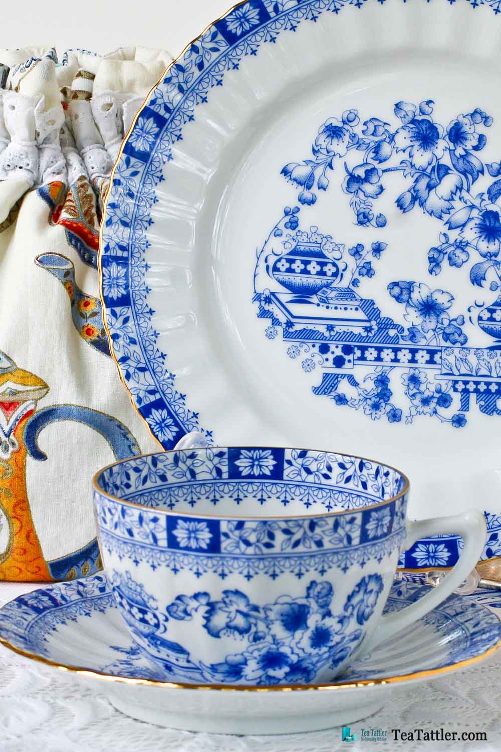 Dorothea China Blue by Seltmann Weiden, Germany teacup and saucer in classic blue and white design adorned with floral and leaf motifs. | TeaTattler.com #dorotheachinablue #teacup
