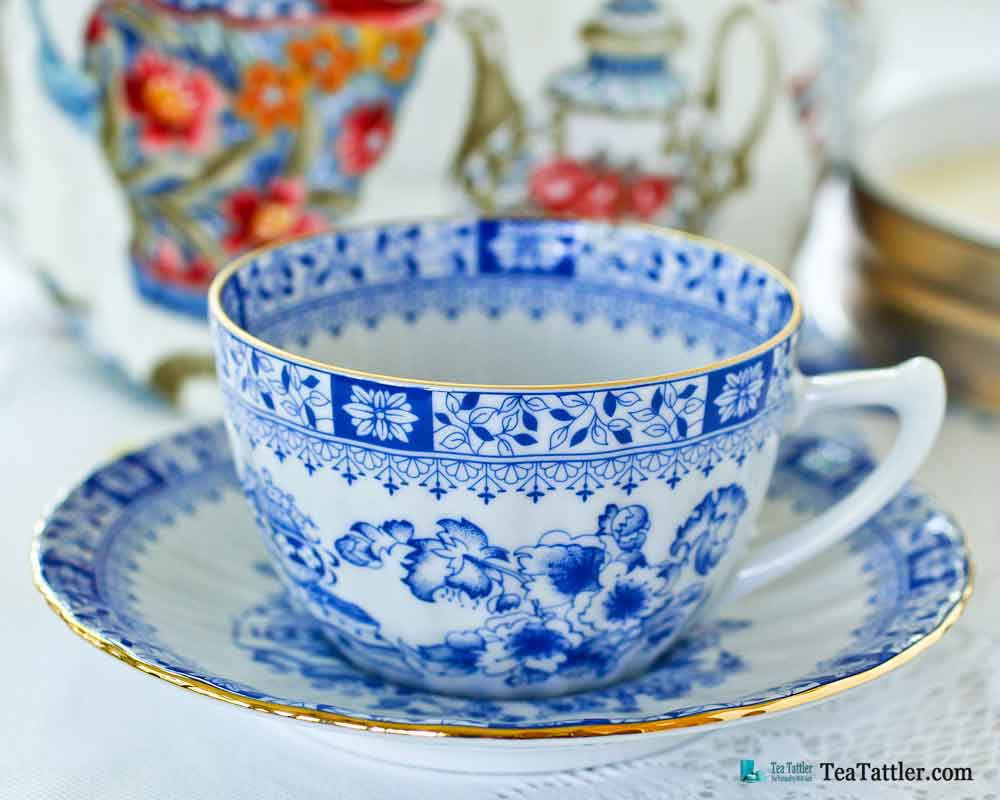 Dorothea China Blue by Seltmann Weiden, Germany teacup and saucer in classic blue and white design adorned with floral and leaf motifs. | TeaTattler.com #dorotheachinablue #teacup