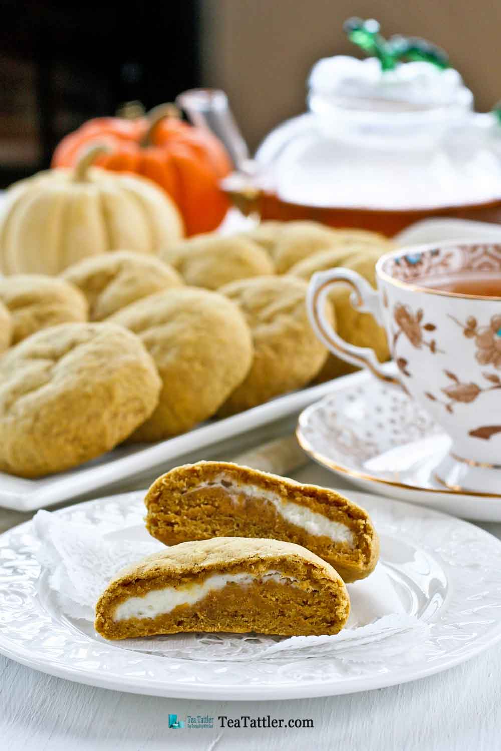 Pumpkin Cream Cheese Cookies - soft and chewy pumpkin flavored cookies with a cream cheese filling and a cake-like texture. | TeaTattler.com #pumpkincookies #creamcheesecookies #filledcookies