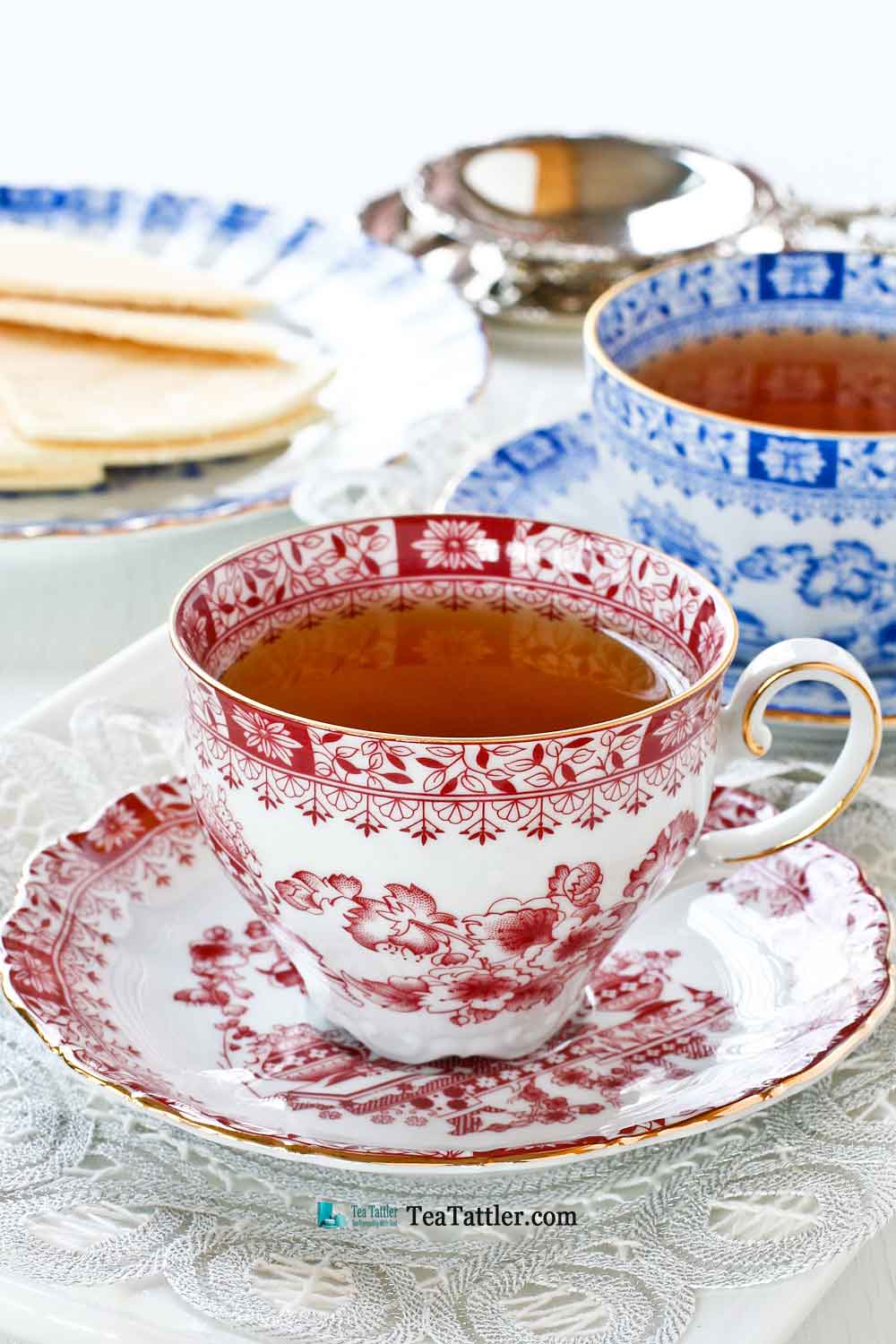 Dainty Dorothea Red Teacup with scalloped foot and floral motifs matching the popular Dorothea China Blue by the same manufacturer. | TeaTattler.com #dorotheateacup #teacup