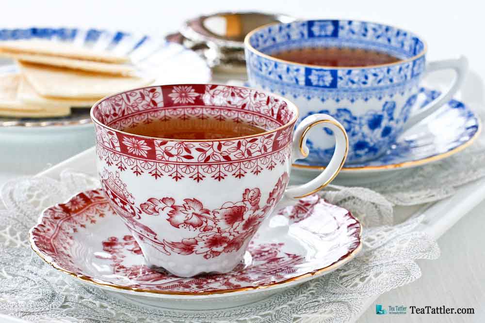 Dainty Dorothea Red Teacup with scalloped foot and floral motifs matching the popular Dorothea China Blue by the same manufacturer. | TeaTattler.com #dorotheateacup #teacup