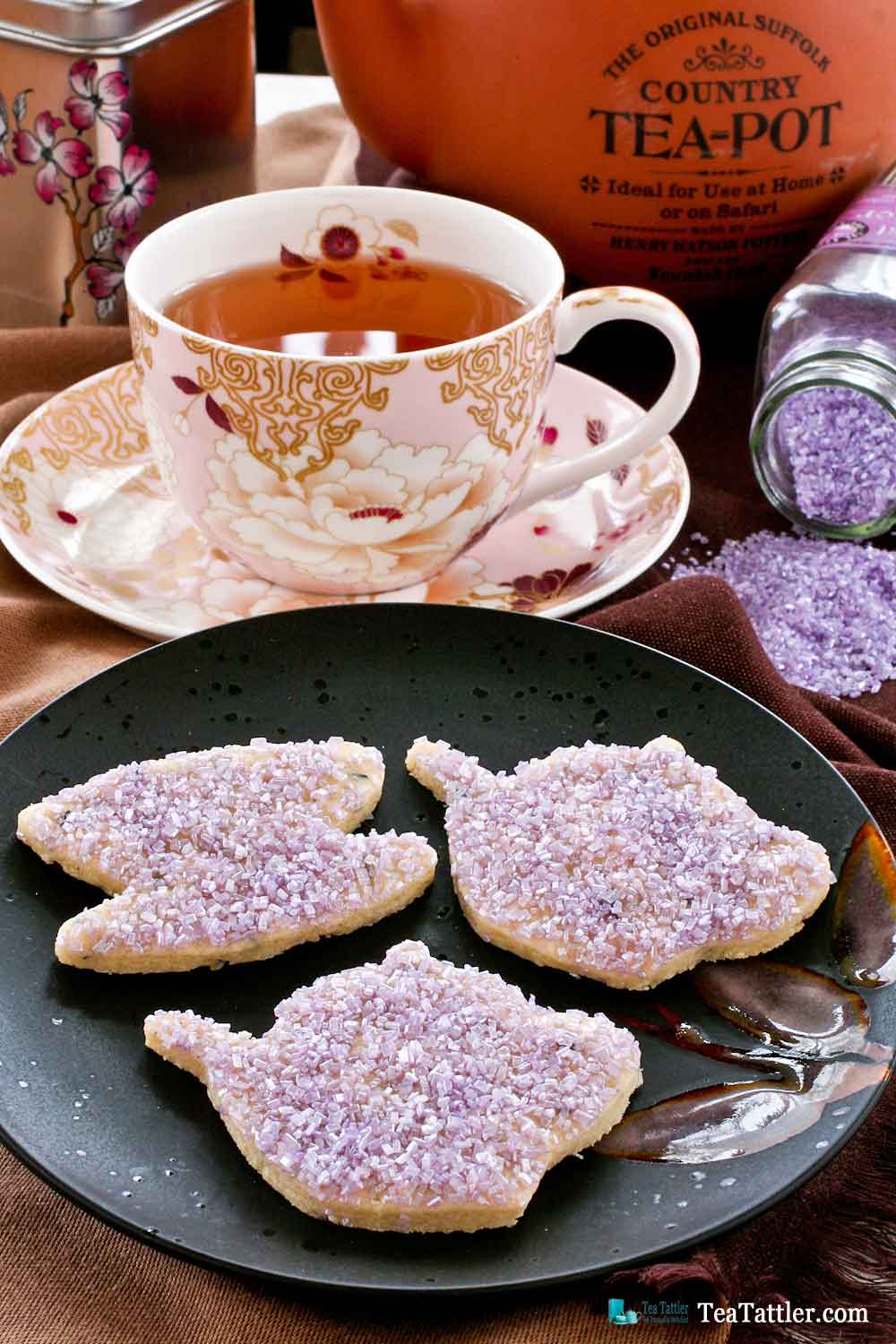 Lavender Sugar Cookies with Amethyst Shimmer - fun and pretty sugar cookies flavored with culinary lavender perfect for afternoon tea. | TeaTattler.com #lavendersugarcookies #lavendercookies #sugarcookies