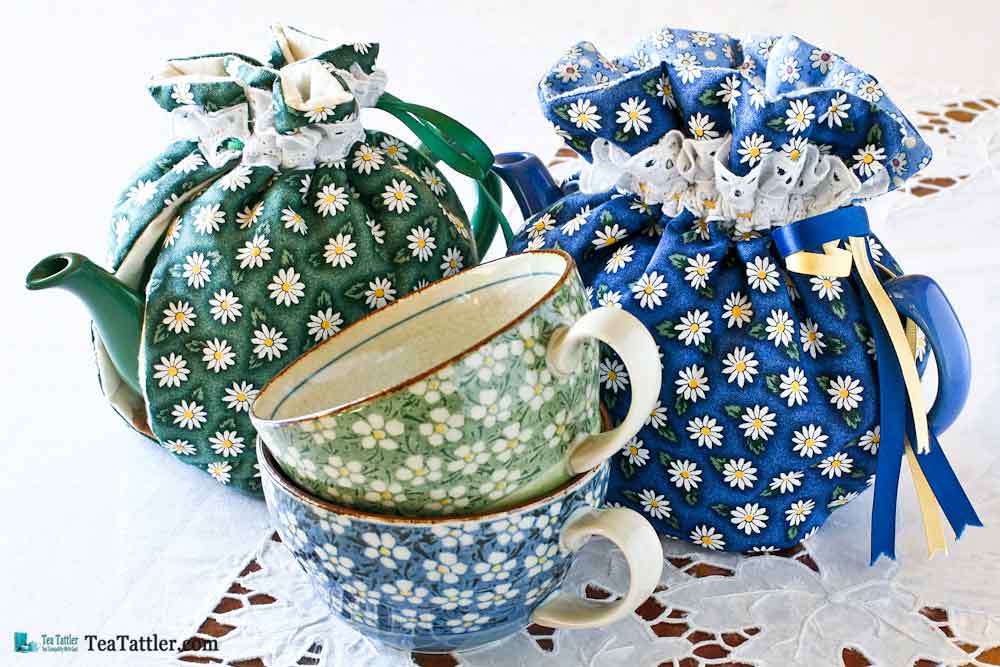 Matching cozies for my new teacups. | TeaTattler.com #teacozy #quilteddrawstringteacozy