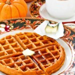 Treat your family to these light and deliciously spiced Chai Gingerbread Pumpkin Waffles. Perfect for the weekends or holidays. | TeaTattler.com #pumpkinwaffles #gingerbreadwaffles