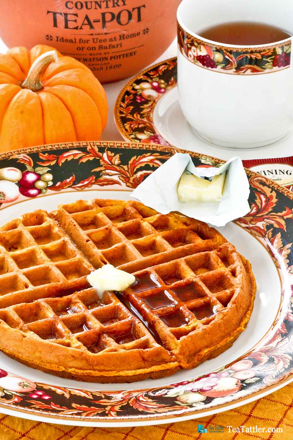Treat your family to these light and deliciously spiced Chai Gingerbread Pumpkin Waffles. Perfect for the weekends or holidays. | TeaTattler.com #pumpkinwaffles #gingerbreadwaffles