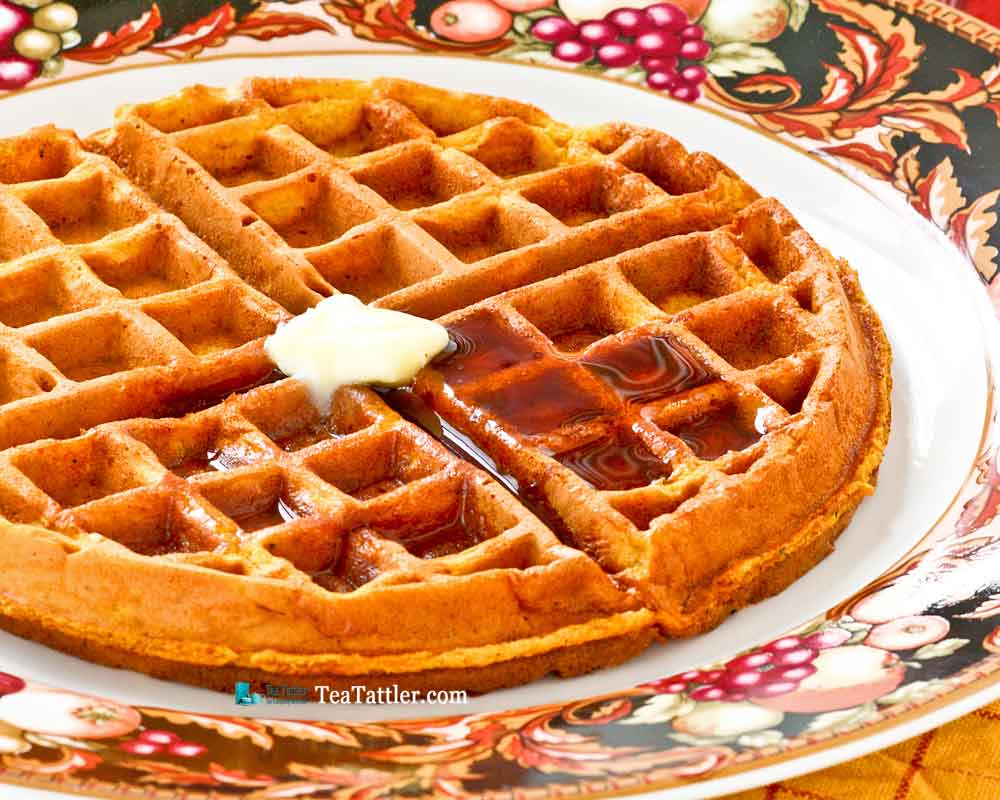 Treat your family to these light and deliciously spiced Chai Gingerbread Pumpkin Waffles. Perfect for the weekends or holidays. | TeaTattler.com #pumpkinwaffles #gingerbreadwaffles