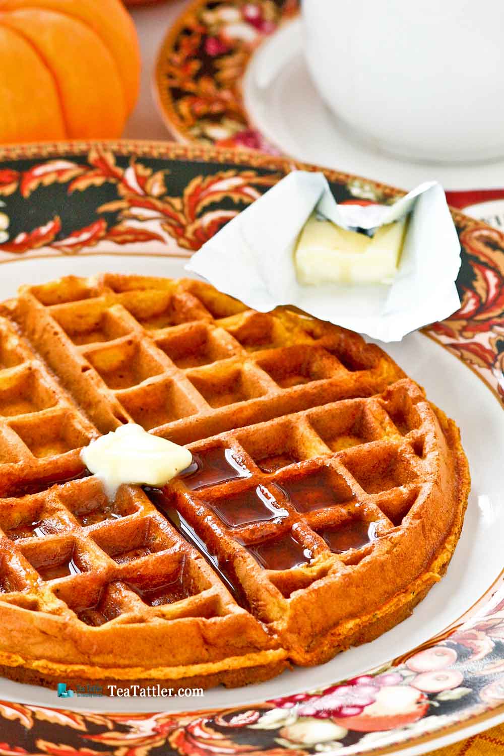 Treat your family to these light and deliciously spiced Chai Gingerbread Pumpkin Waffles. Perfect for the weekends or holidays. | TeaTattler.com #pumpkinwaffles #gingerbreadwaffles