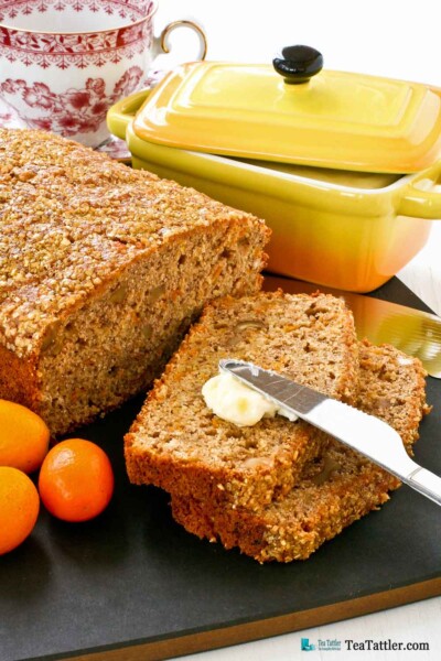 Spiced Kumquat Nut Bread with Gold Shimmer - a delicious tea bread fragrantly spiced with cinnamon, ginger, cloves, cardamom, and nutmeg. | TeaTattler.com #spicedbread #kumquatbread