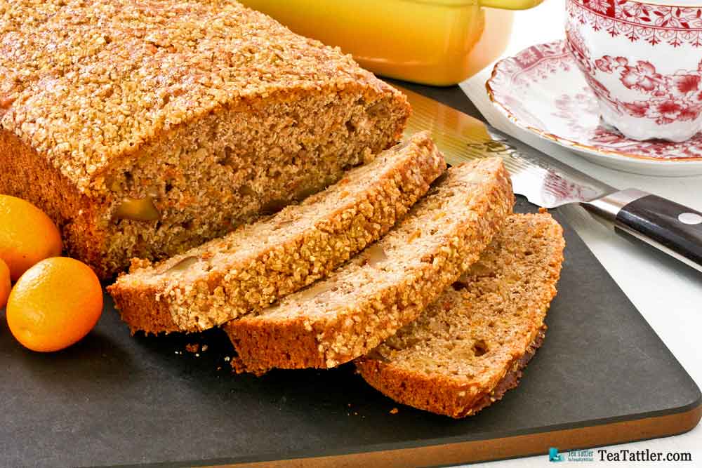 Spiced Kumquat Nut Bread with Gold Shimmer - a delicious tea bread fragrantly spiced with cinnamon, ginger, cloves, cardamom, and nutmeg. | TeaTattler.com #spicedbread #kumquatbread