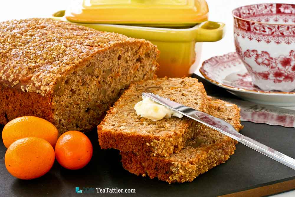 Spiced Kumquat Nut Bread with Gold Shimmer - a delicious tea bread fragrantly spiced with cinnamon, ginger, cloves, cardamom, and nutmeg. | TeaTattler.com #spicedbread #kumquatbread