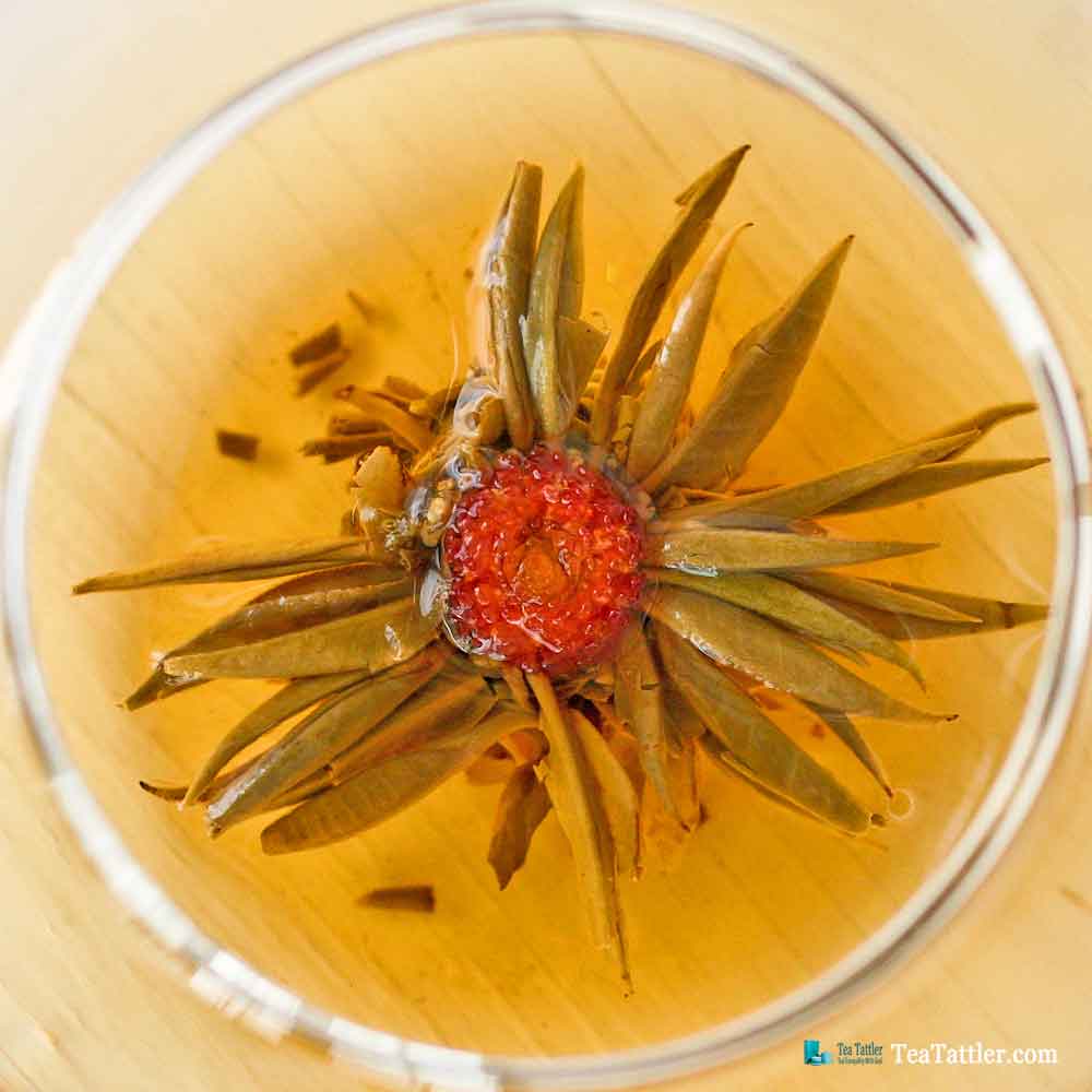 Unfurled tea ball with amaranth blossom in the center. | TeaTattler.com #floweringtea #bloomingtea #greentea