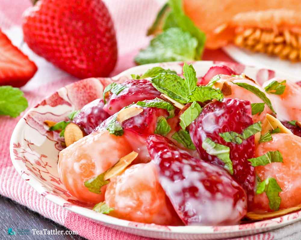 Cantaloupe Strawberry Salad - a cool and refreshing fruit salad using seasonal fruits perfect for a light meal or dessert. | TeaTattler.com #cantaloupestrawberrysalad #cantaloupesalad #strawberrysalad