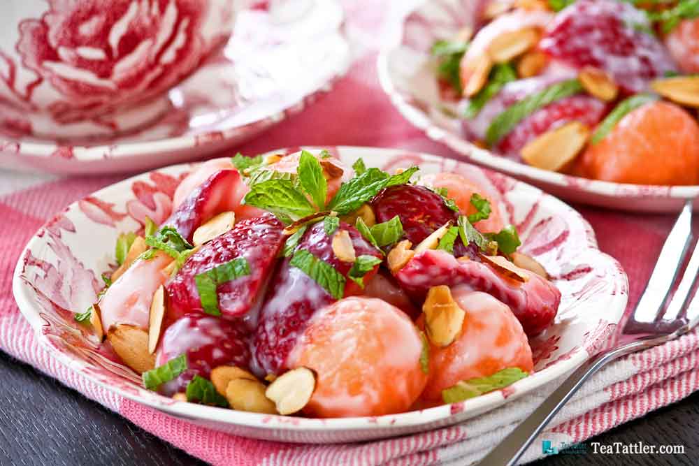 Cantaloupe Strawberry Salad - a cool and refreshing fruit salad using seasonal fruits perfect for a light meal or dessert. | TeaTattler.com #cantaloupestrawberrysalad #cantaloupesalad #strawberrysalad