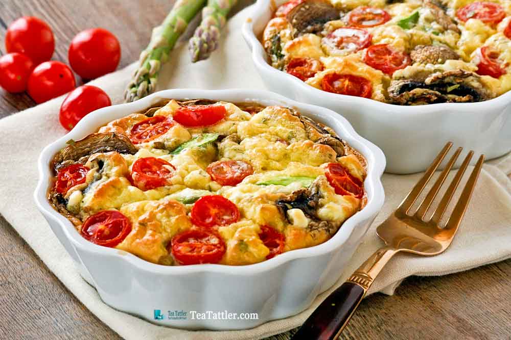 Easy Asparagus Mushroom Crustless Quiche with seasonal vegetables for Mother's Day or any day. Also a delicious brunch idea for the weekends. | TeaTattler.com #asparagusquiche #mushroomquiche #crustlessquiche