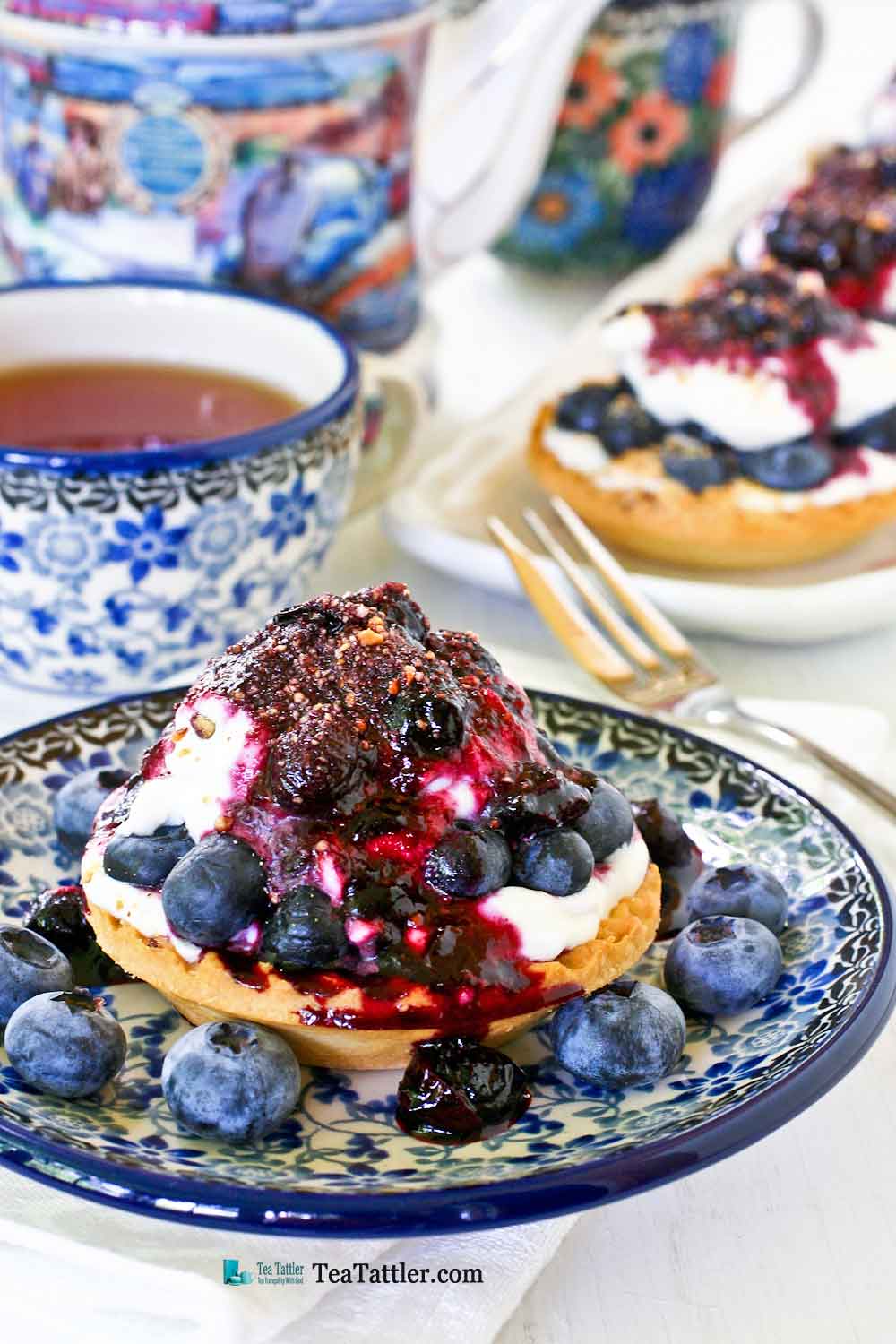 Easy to assemble Blueberry Cream Cheese Tarts using ready-to-fill tart shells. Only minutes to prepare toppings and sauce on stove top. | TeaTattler.com #blueberrytarts #readytofilltarts