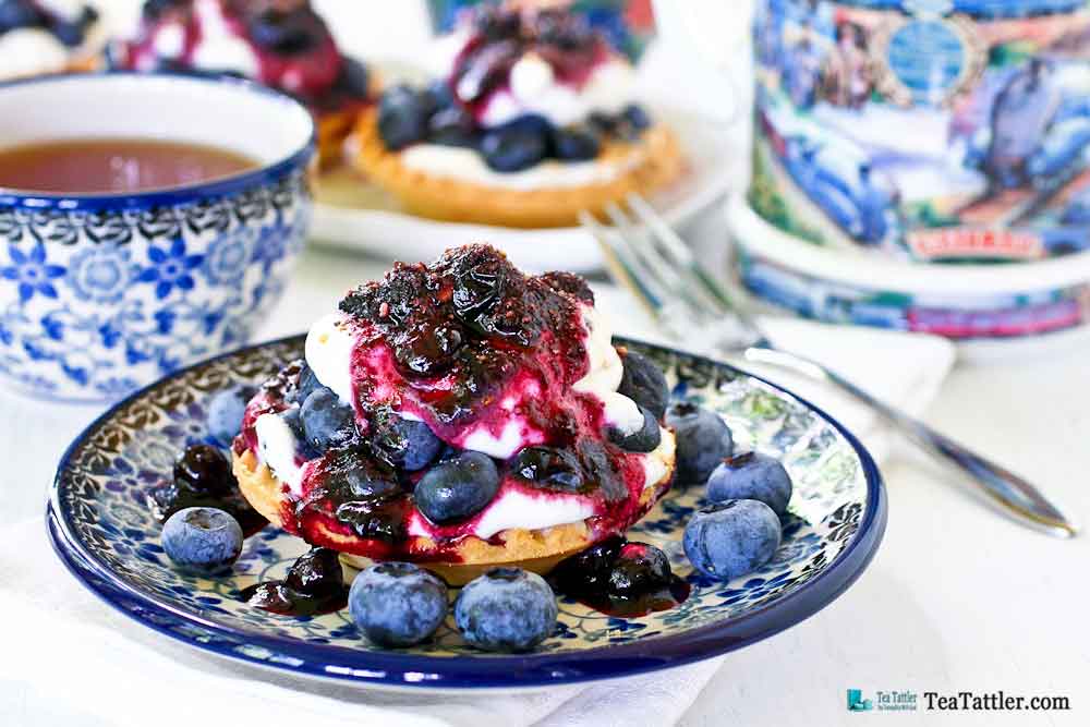 Easy to assemble Blueberry Cream Cheese Tarts using ready-to-fill tart shells. Only minutes to prepare toppings and sauce on stove top. | TeaTattler.com #blueberrytarts #readytofilltarts