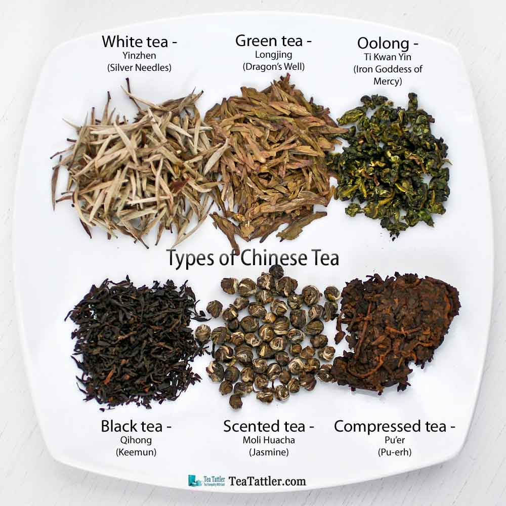 Types of Chinese Tea - white, green, oolong, black, scented, and compressed coming from the same tea plant but each processed differently. | TeaTattler.com #chineseteas